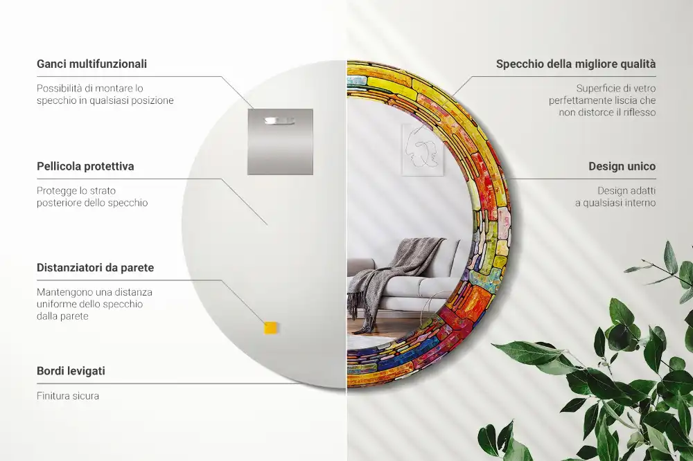 Round mirror frame with print Colorful stained glass