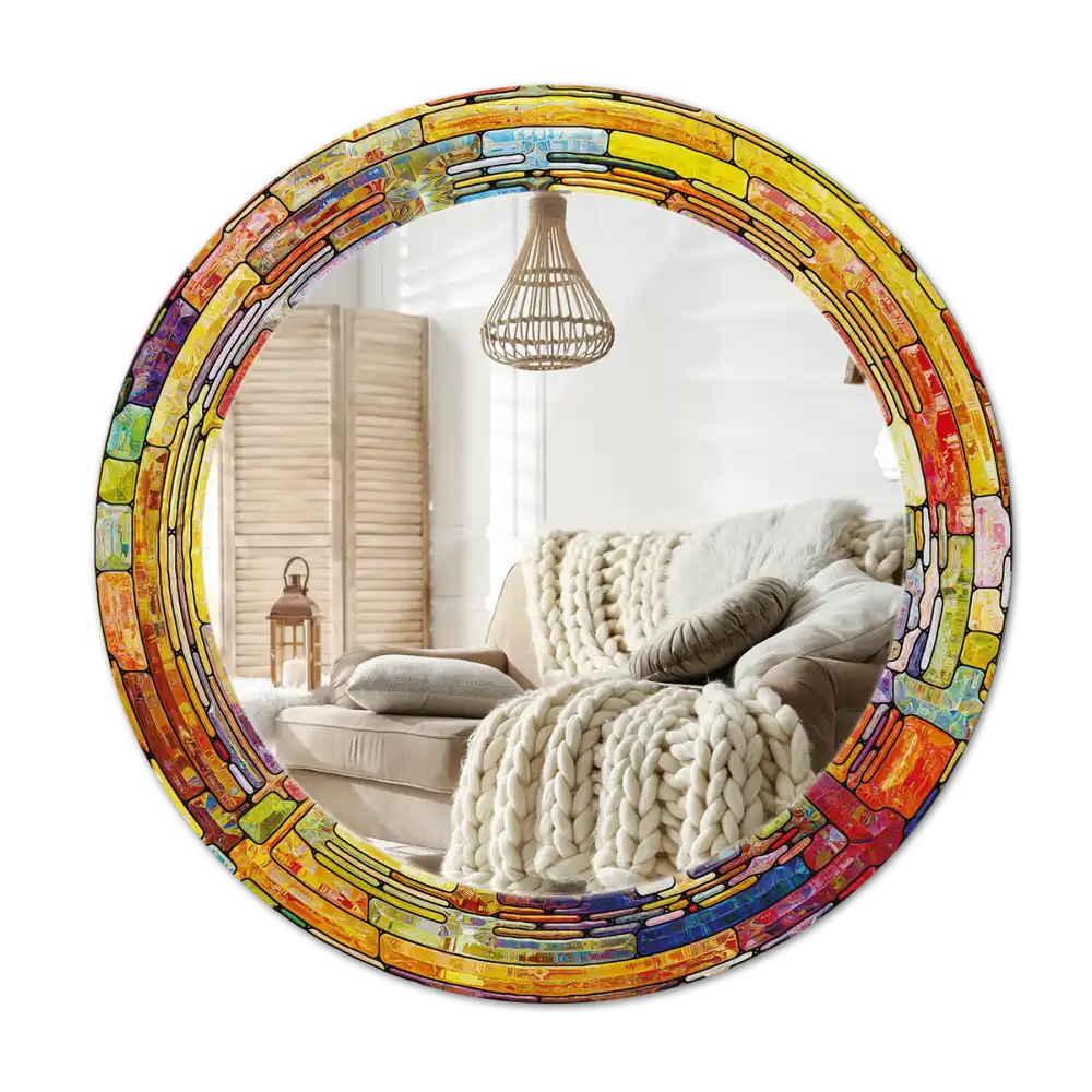 Round mirror frame with print Colorful stained glass