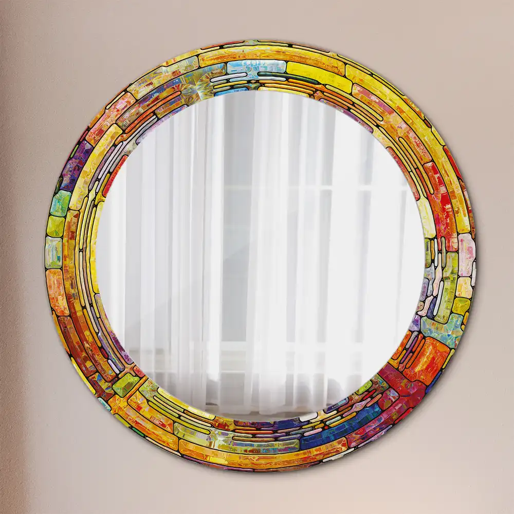 Round mirror frame with print Colorful stained glass