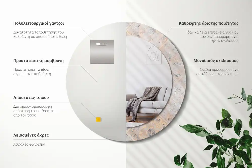 Round printed mirror Abraded tiles