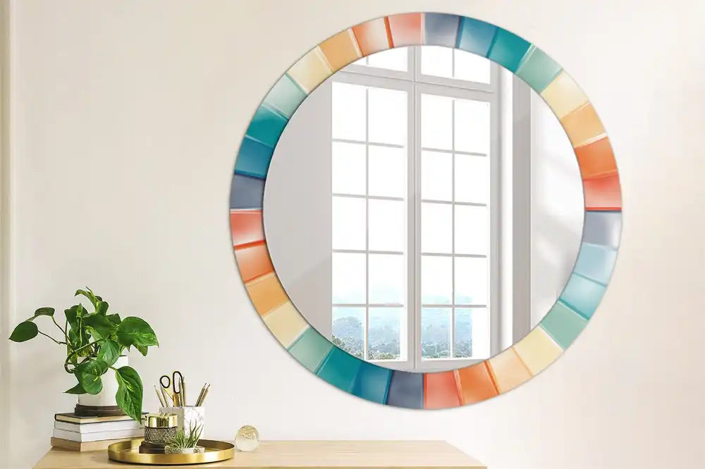 Round printed mirror Colorful Rays Tiles