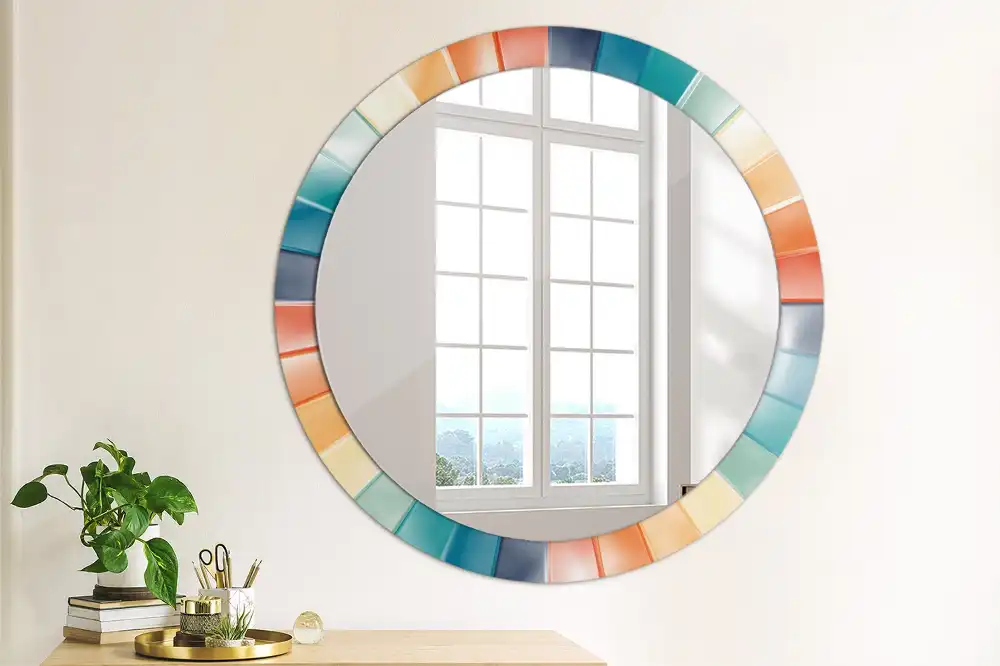 Round printed mirror Colorful Rays Tiles