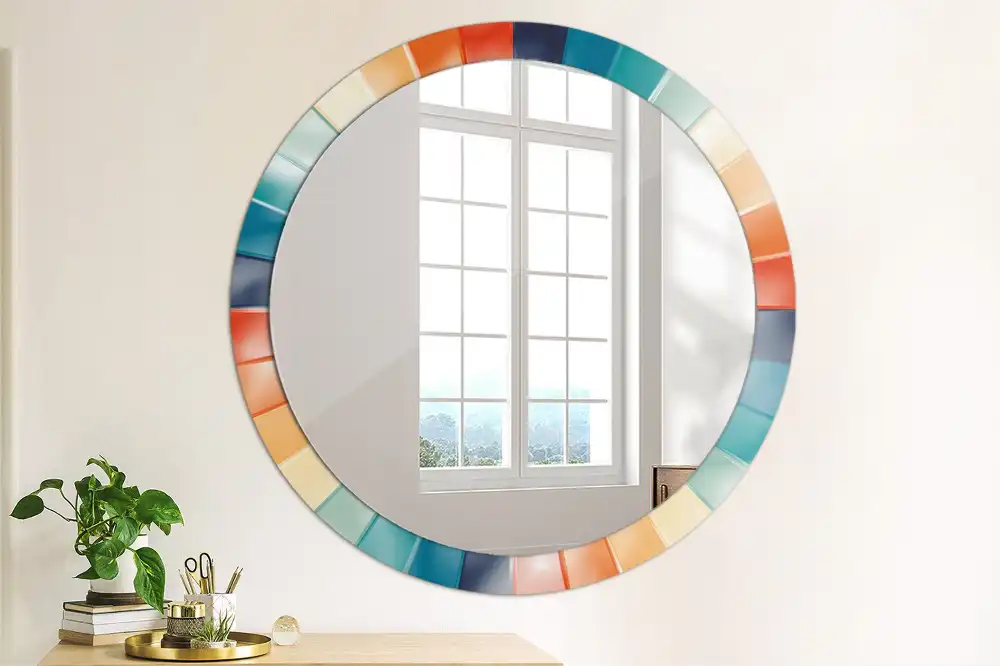 Round printed mirror Colorful Rays Tiles