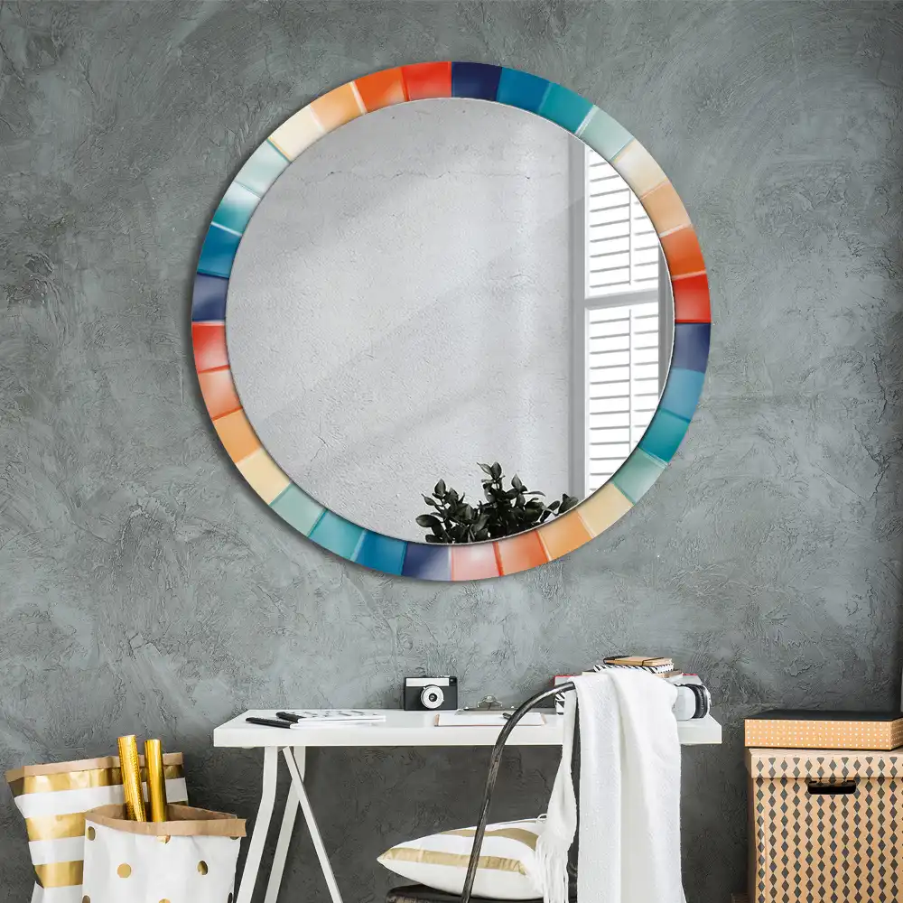 Round printed mirror Colorful Rays Tiles