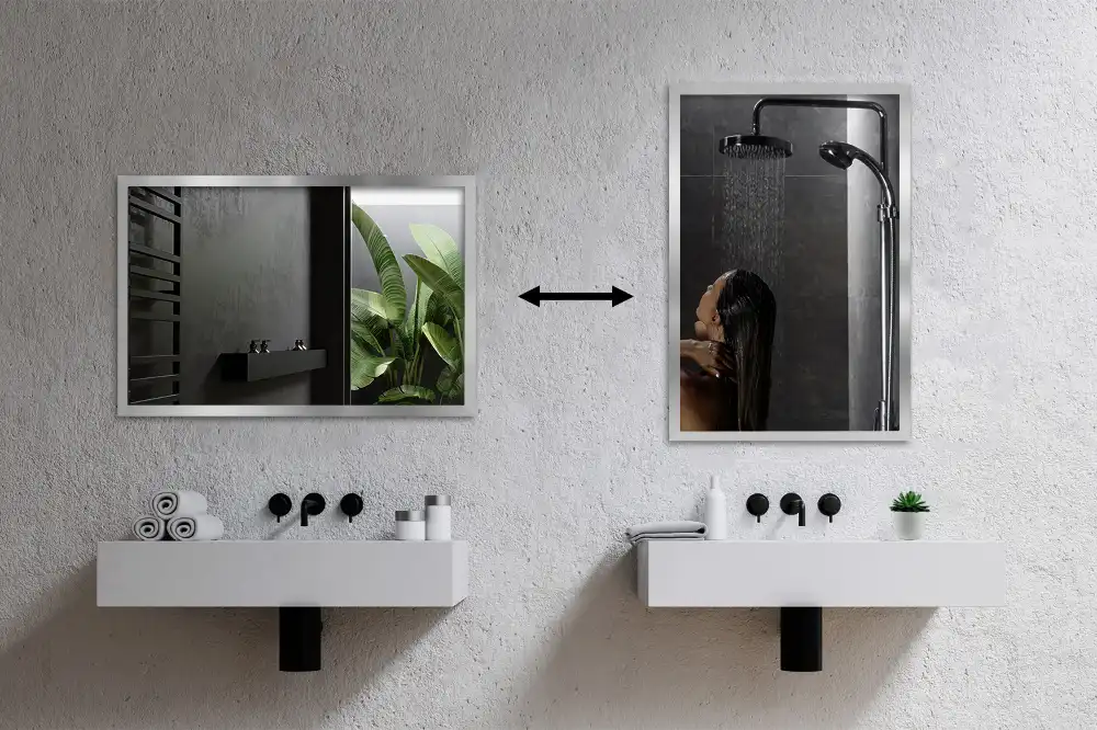 Rectangular wall mounted mirror with a silver frame