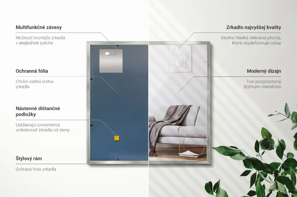 Rectangular wall mounted mirror with a silver frame