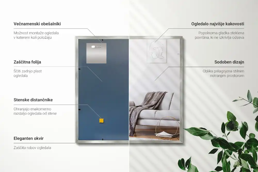 Rectangular wall mounted mirror with a silver frame