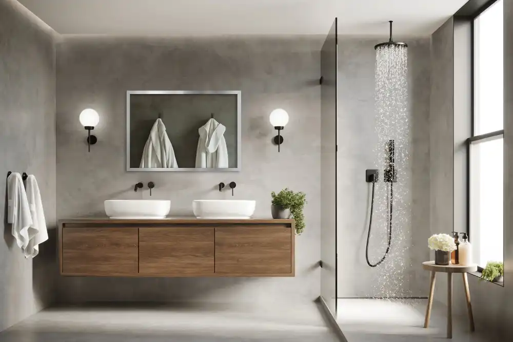 Rectangular wall mounted mirror with a silver frame