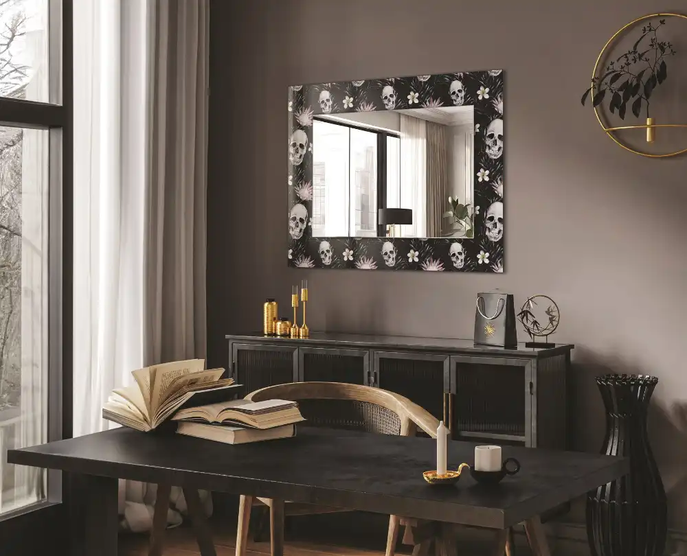 Rectangular wall mirror design Skulls and flowers