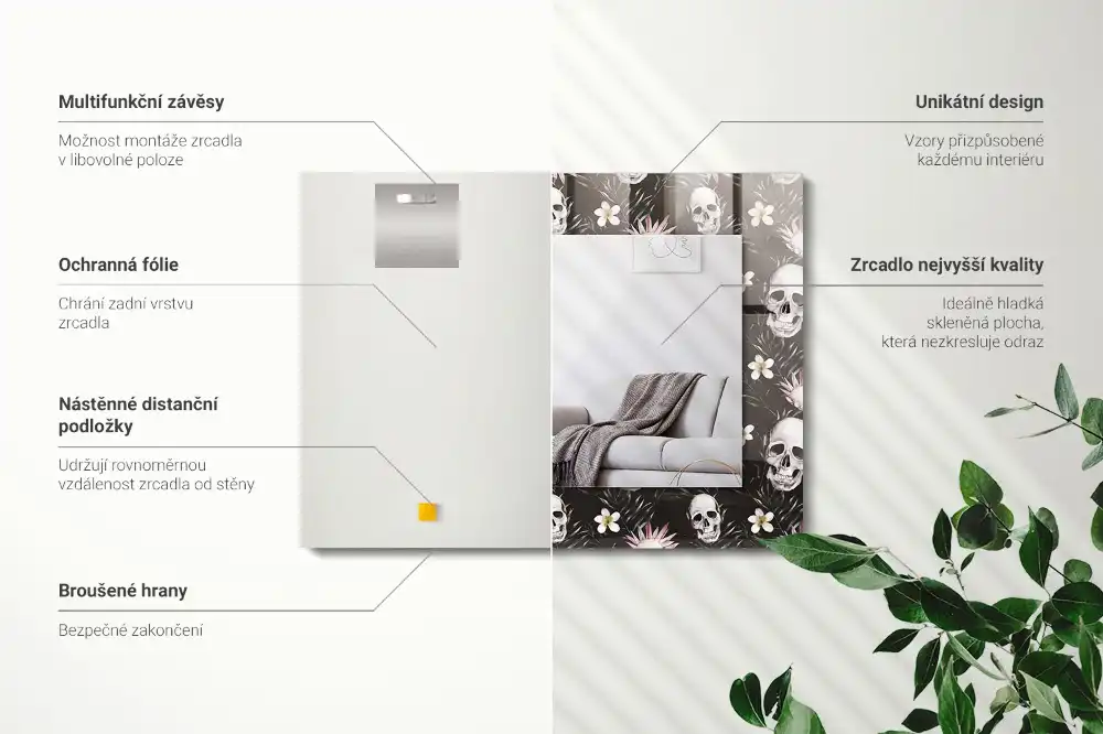 Rectangular wall mirror design Skulls and flowers