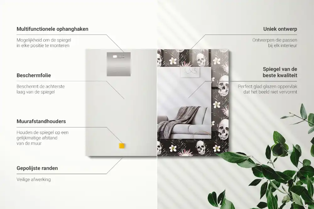 Rectangular wall mirror design Skulls and flowers