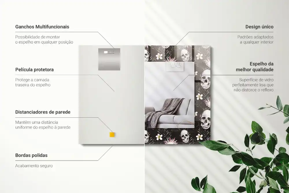 Rectangular wall mirror design Skulls and flowers