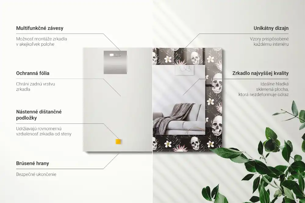 Rectangular wall mirror design Skulls and flowers