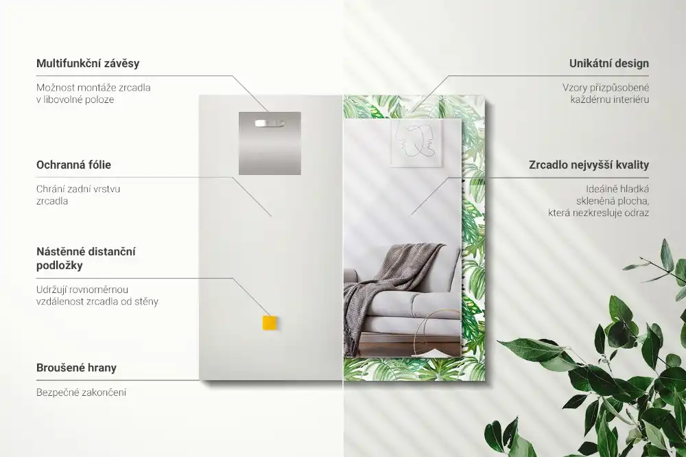 Rectangular wall mirror design Green tropical leaves