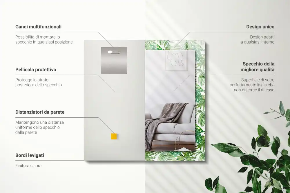 Rectangular wall mirror design Green tropical leaves