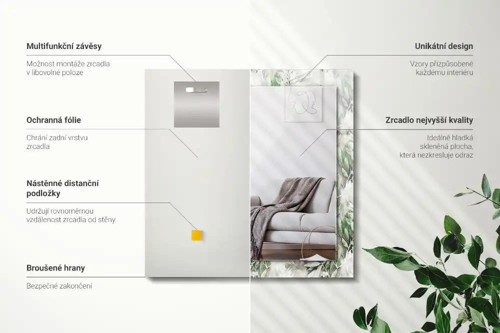 Rectangular decorative mirror Green leaves pattern