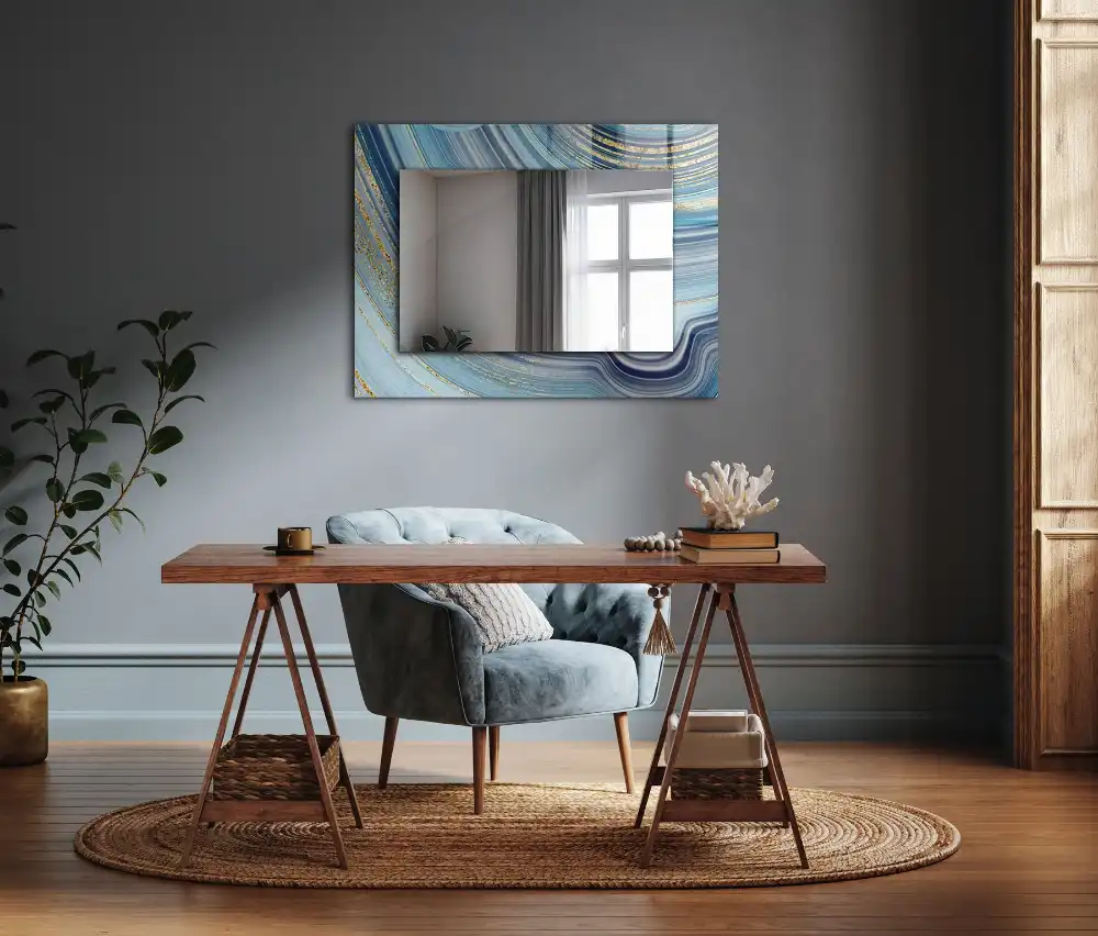 Rectangular wall mirror design Abstract blue waves