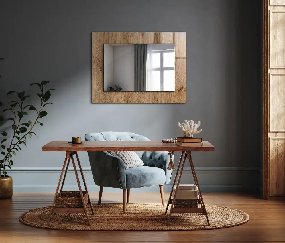 Rectangular wall mirror design Wooden texture