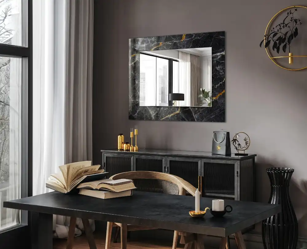 Rectangular wall mirror design Black marble veins
