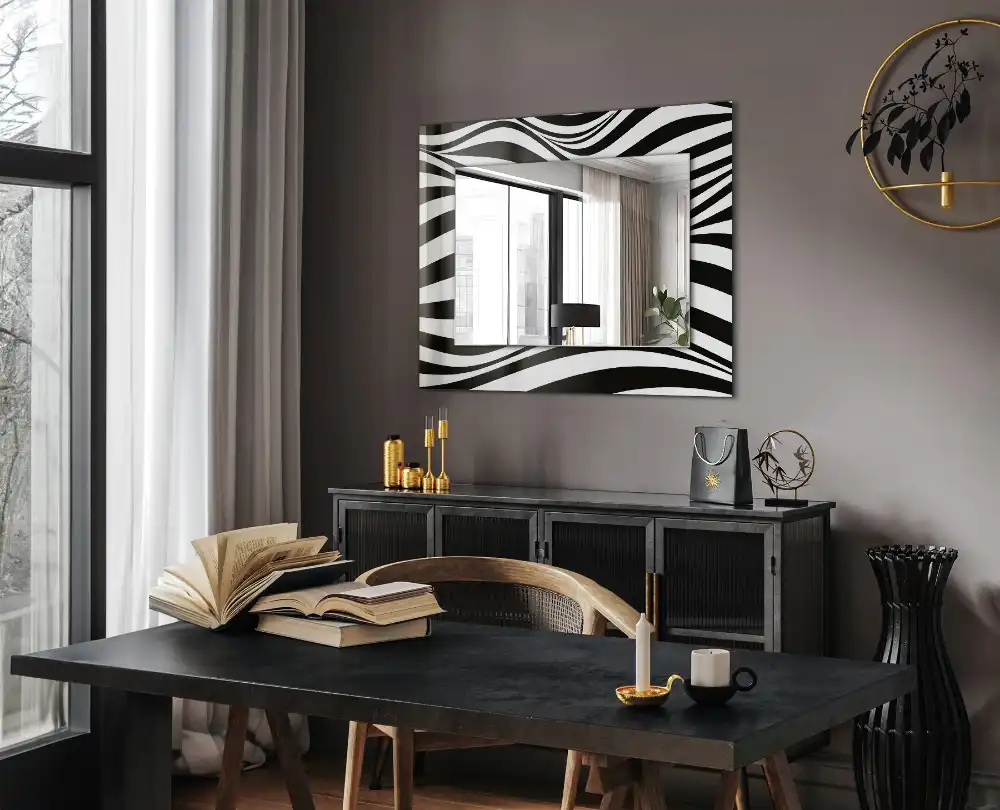 Rectangular wall mirror design Black and white waves