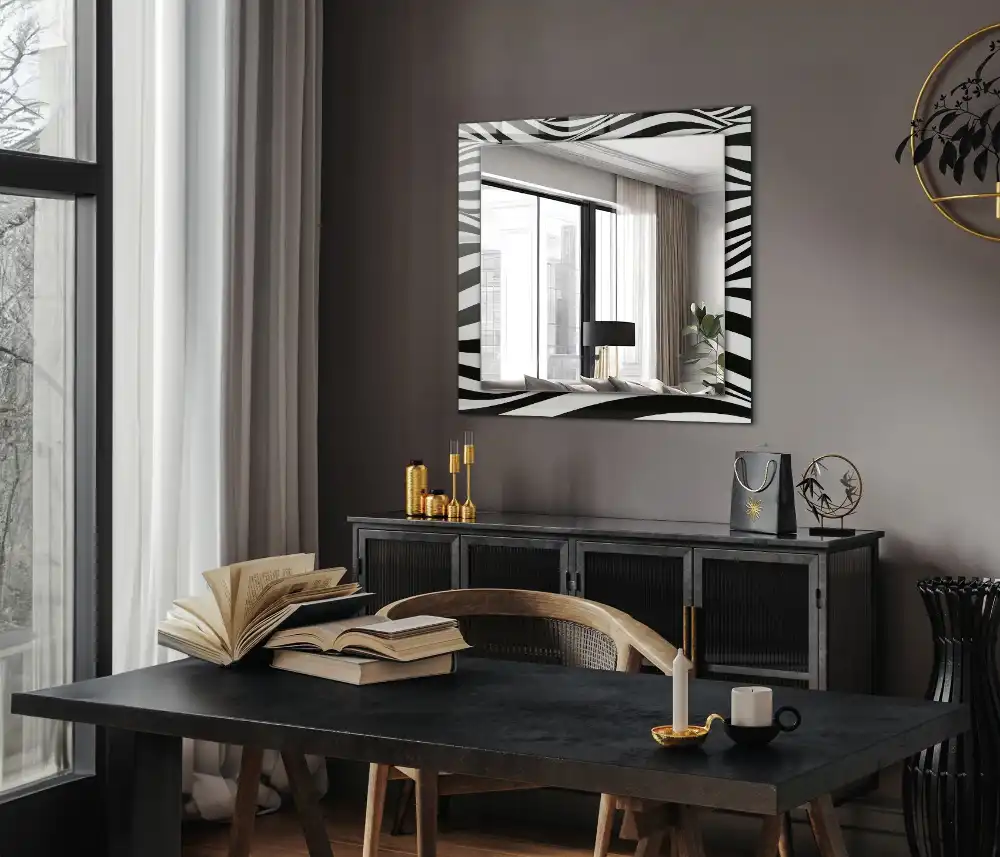 Rectangular wall mirror design Black and white waves