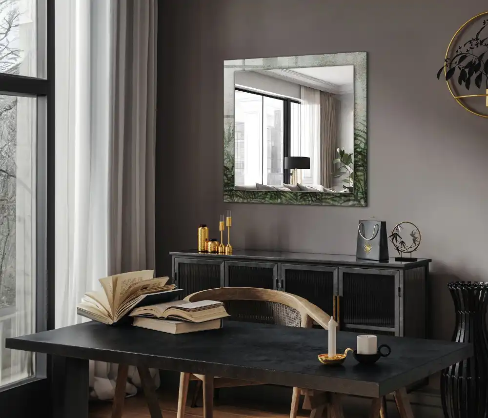 Rectangular wall mirror design Green fern leaves