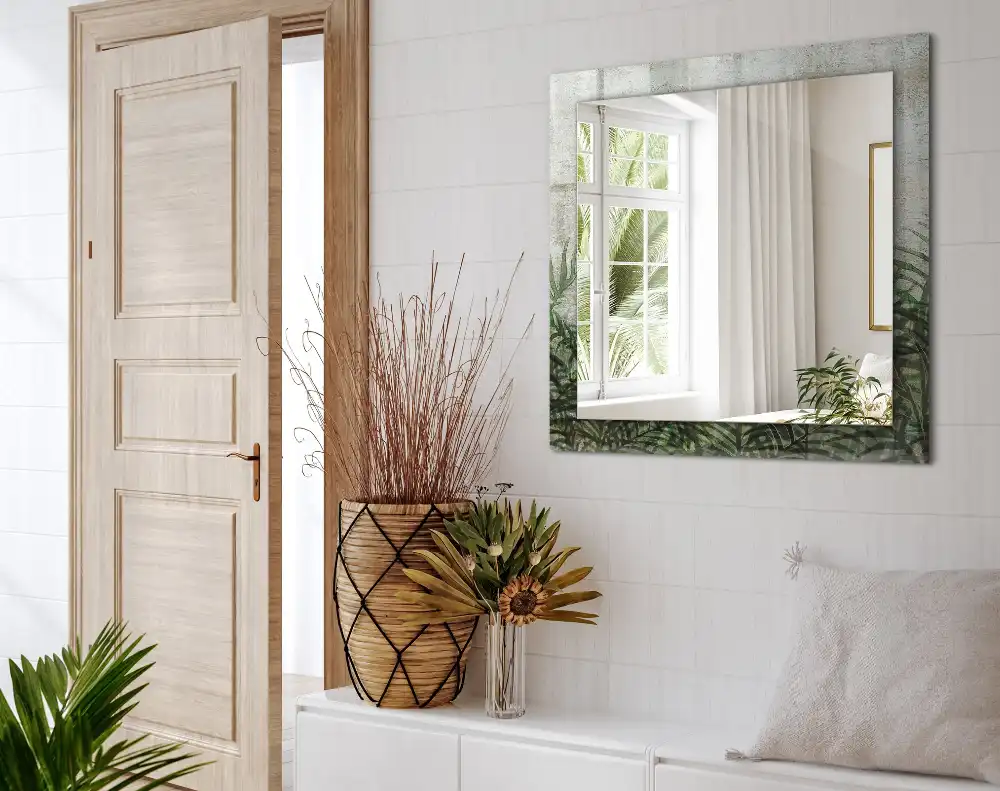 Rectangular wall mirror design Green fern leaves