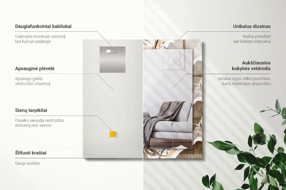 Rectangular wall mirror design Leaves tropical pattern