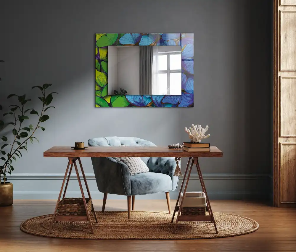 Rectangular decorative mirror Blue and green butterflies