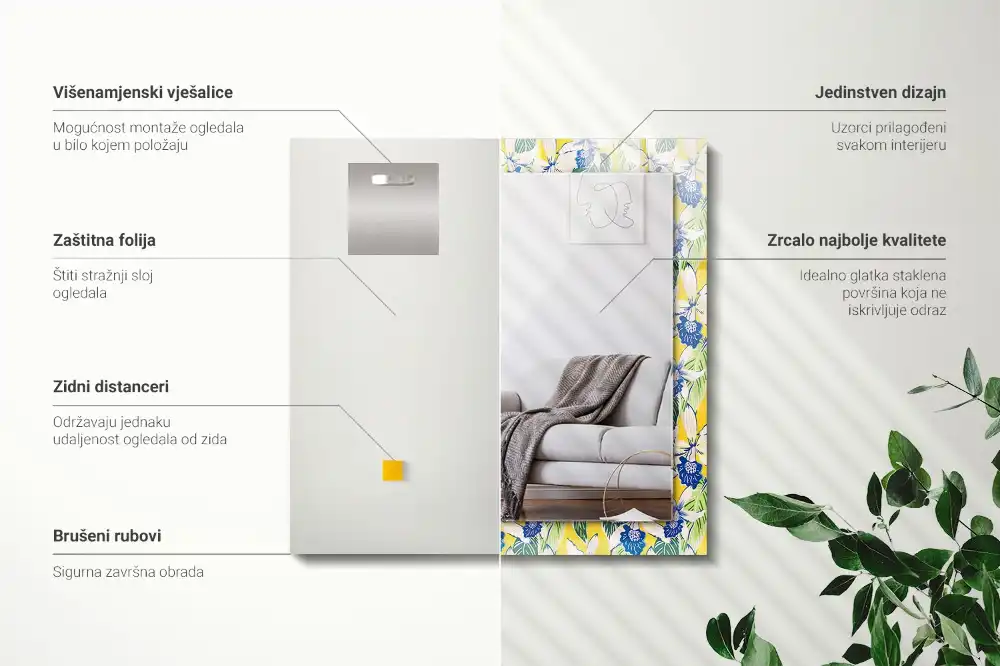 Rectangular wall mirror design Flowers and leaves