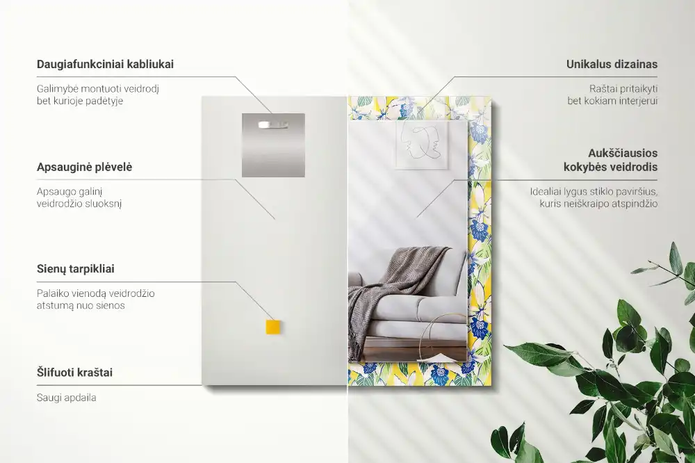 Rectangular wall mirror design Flowers and leaves