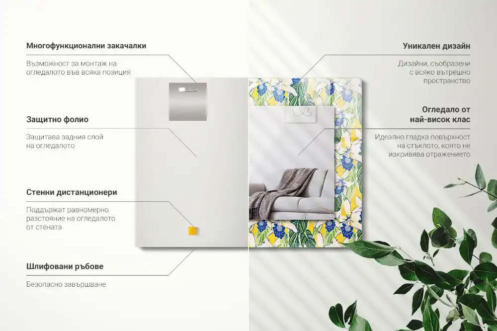 Rectangular wall mirror design Flowers and leaves