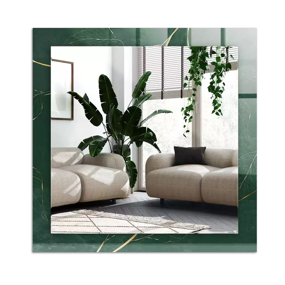 Rectangular wall mirror design Green leaves gold