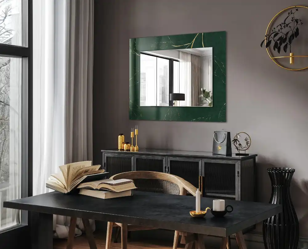 Rectangular wall mirror design Green leaves gold