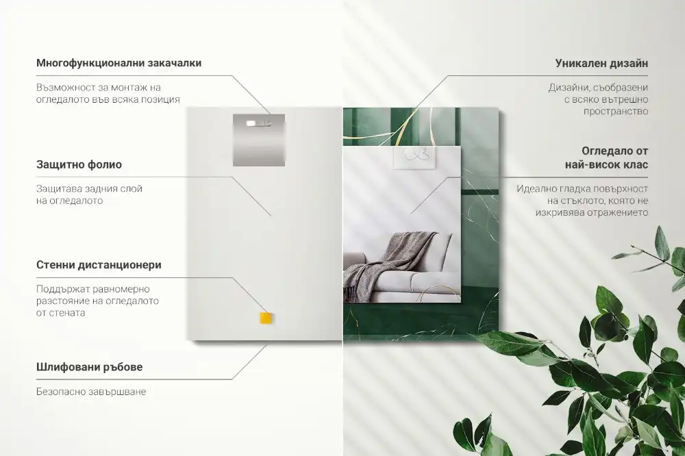 Rectangular wall mirror design Green leaves gold