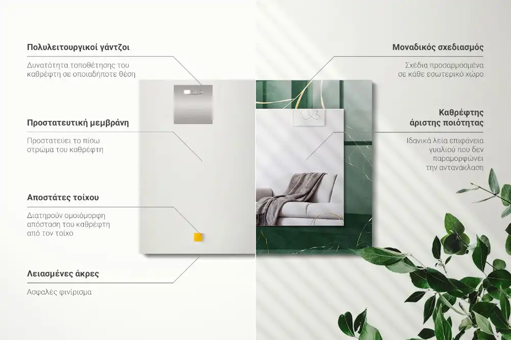 Rectangular wall mirror design Green leaves gold