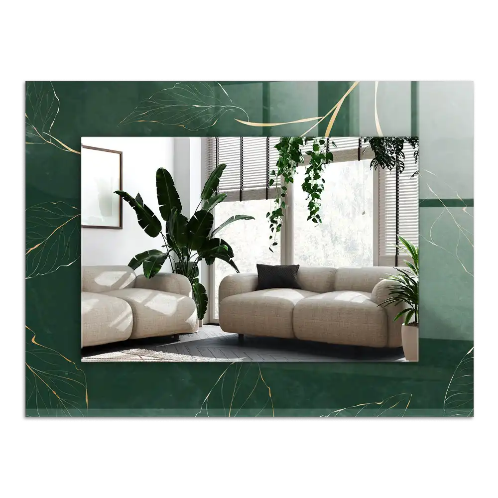 Rectangular wall mirror design Green leaves gold