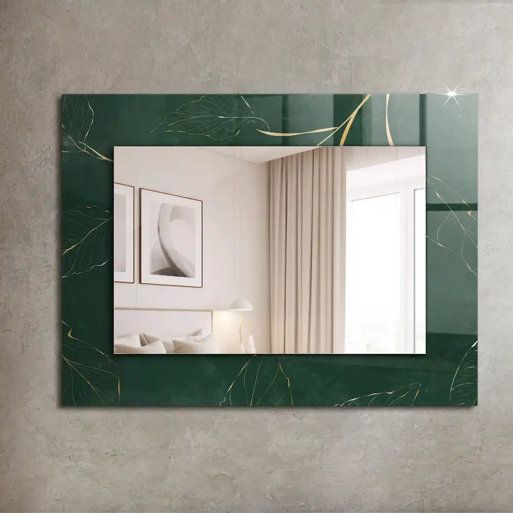 Rectangular wall mirror design Green leaves gold