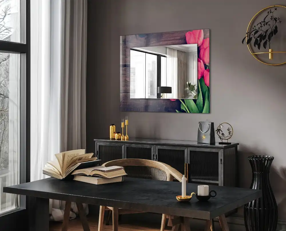 Rectangle decorative mirror Pink tulips wood