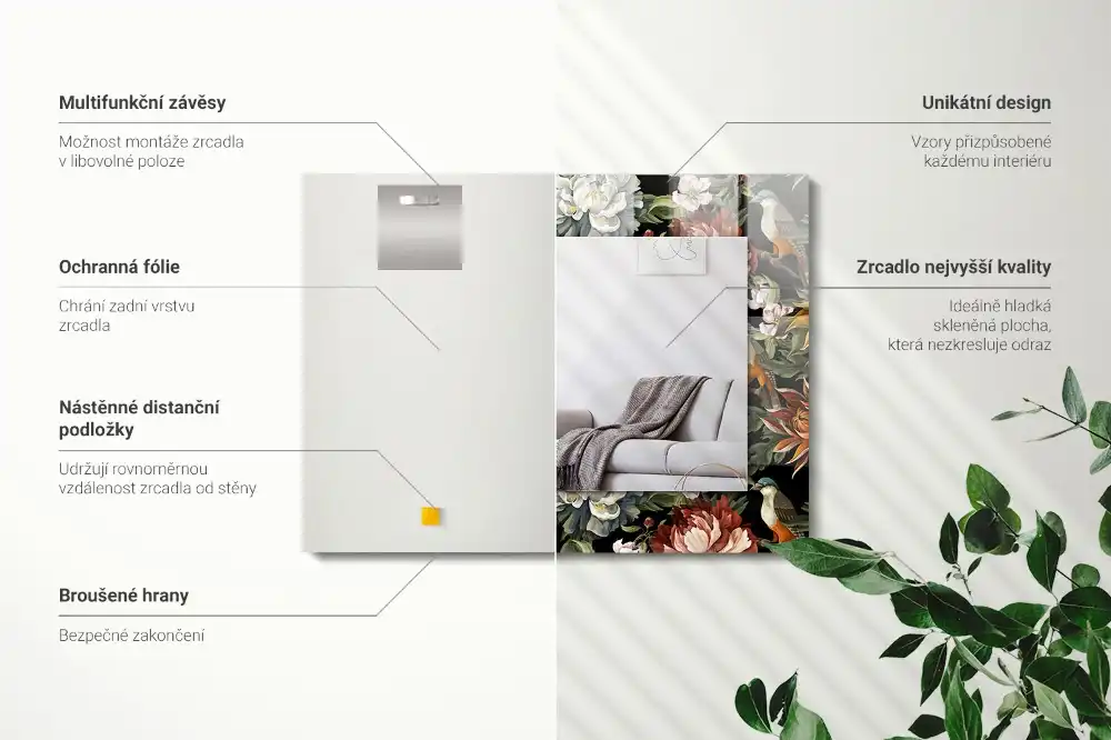 Rectangular wall mirror design Flowers and birds