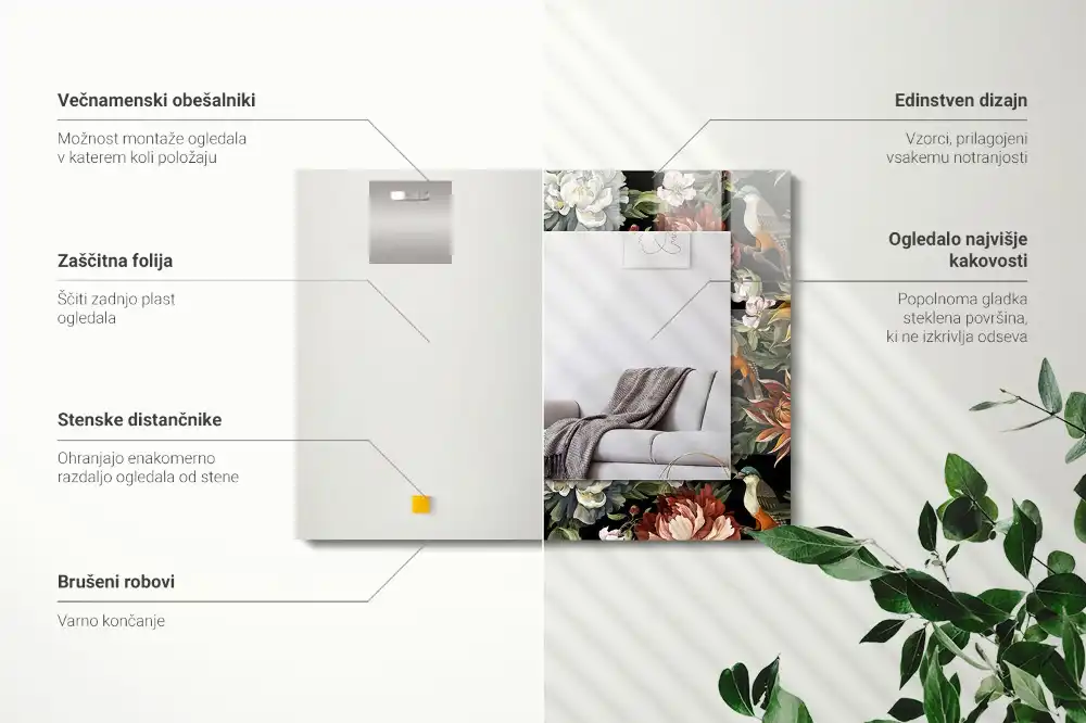 Rectangular wall mirror design Flowers and birds