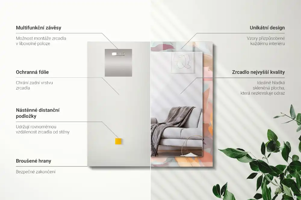 Rectangular wall mirror design Flowers leaves pastel