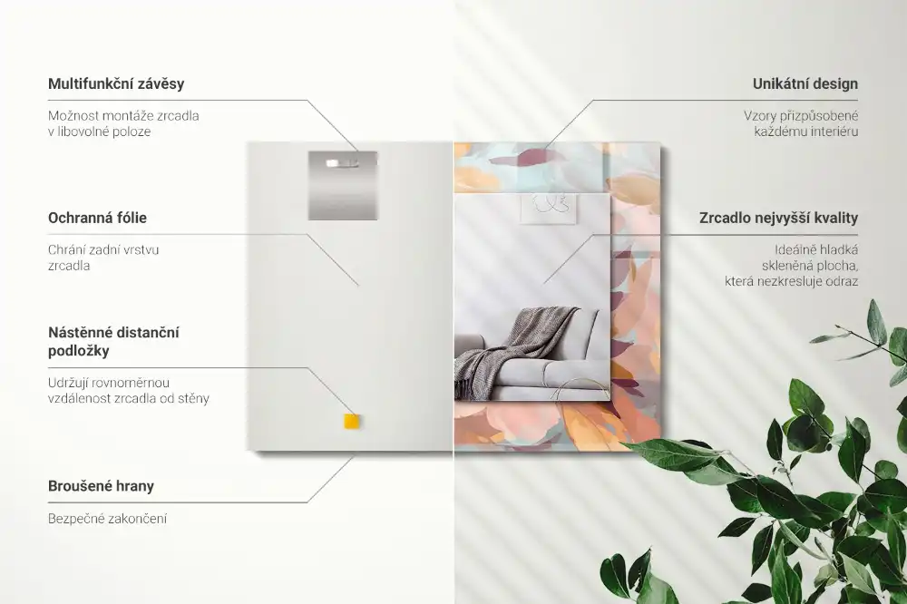 Rectangular wall mirror design Flowers leaves pastel