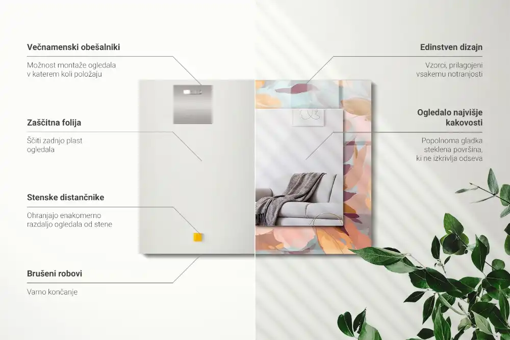 Rectangular wall mirror design Flowers leaves pastel