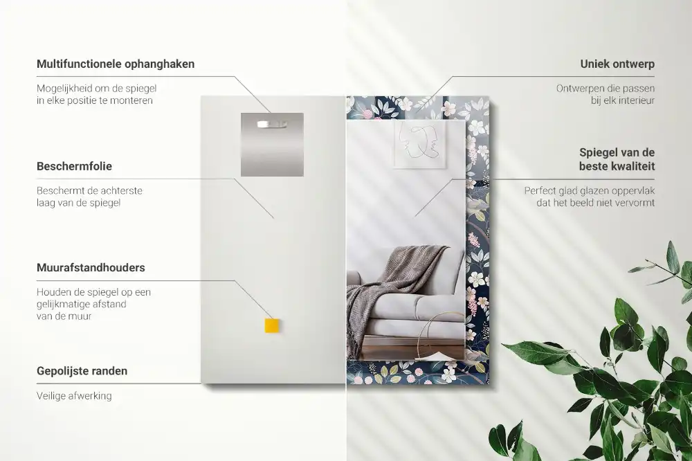 Rectangular wall mirror design Flowers leaves birds