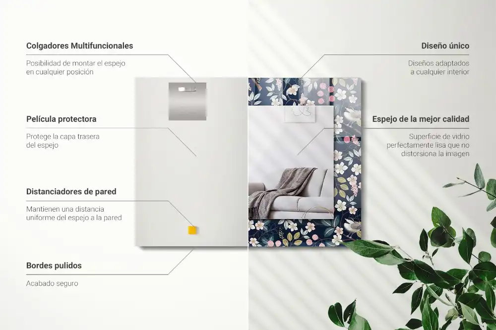 Rectangular wall mirror design Flowers leaves birds