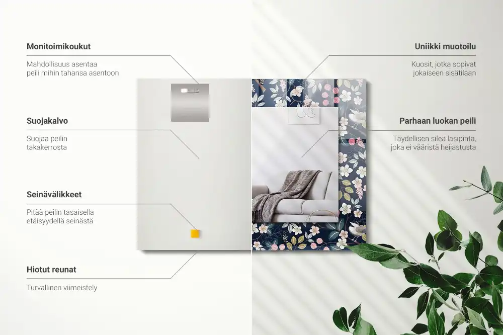 Rectangular wall mirror design Flowers leaves birds