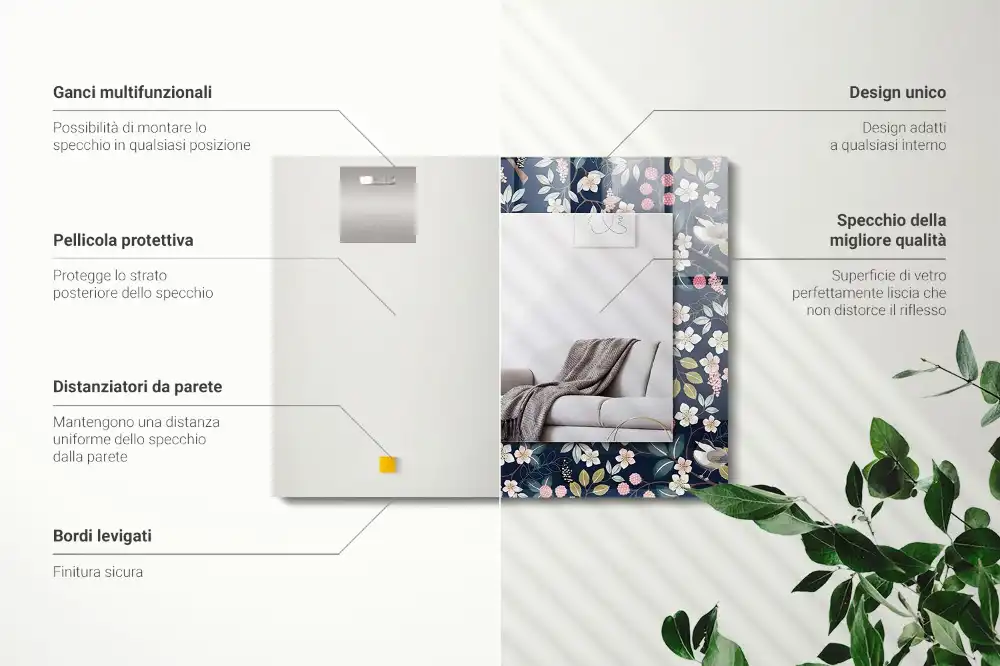 Rectangular wall mirror design Flowers leaves birds