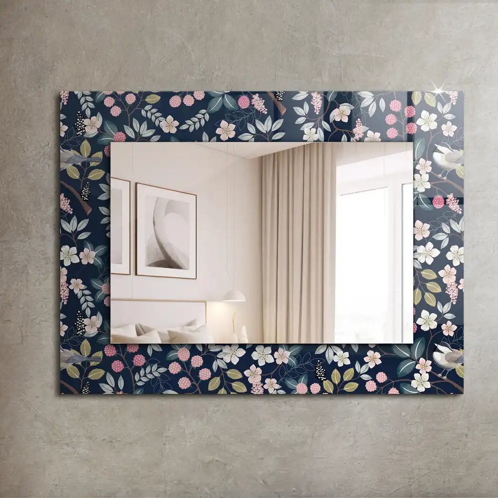 Rectangular wall mirror design Flowers leaves birds