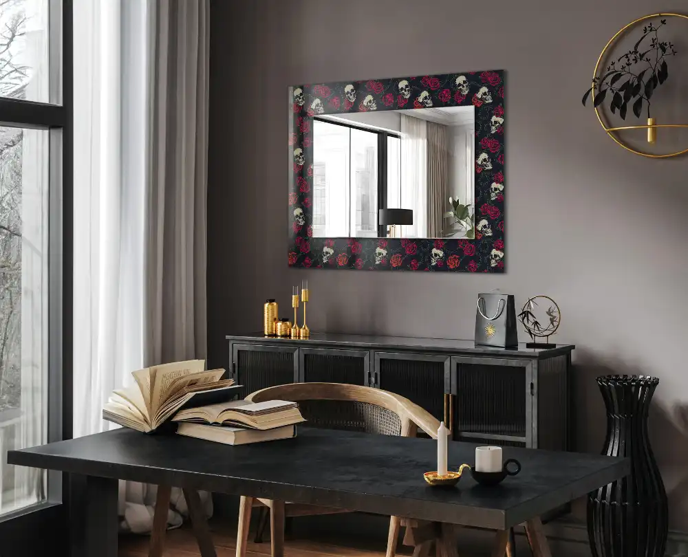 Rectangular wall mirror design Skulls roses thorns